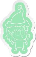 cartoon  sticker of a elf girl staring wearing santa hat vector