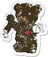 retro distressed sticker of a cartoon teddy black bear with torn arm vector