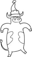 line drawing of a bull wearing santa hat vector