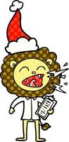 comic book style illustration of a roaring lion doctor wearing santa hat vector