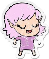 distressed sticker of a happy cartoon elf girl vector