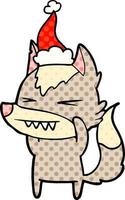 angry wolf comic book style illustration of a wearing santa hat vector