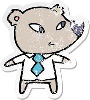 distressed sticker of a cute cartoon bear in office clothes vector