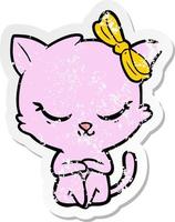 distressed sticker of a cute cartoon cat with bow vector