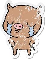 distressed sticker of a cartoon pig crying with hands on hips vector