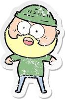 distressed sticker of a cartoon surprised bearded man vector