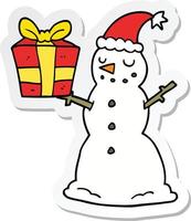 sticker of a cartoon snowman with present vector