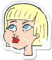 retro distressed sticker of a cartoon female face vector