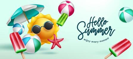 Summer holidays vector background design. Hello summer text in with sun emoji character and tropical season objects for enjoy holiday season vacation. Vector illustration.