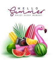 Summer greeting vector design. Hello summer typography text with tropical holiday elements of fruits and floaters in white background for holiday vacation messages card. Vector illustration.