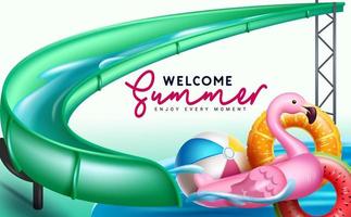 Summer slide vector background design. Welcome summer text in swimming pool park with inflatable floater elements for fun and enjoy tropical holiday activity. Vector illustration.