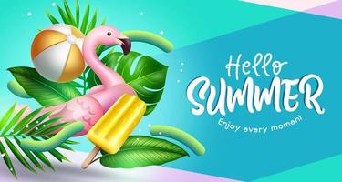 Summer vector background design. Hello summer greeting text with plants and flamingo floaters in abstract background for tropical season holiday decoration. Vector illustration.