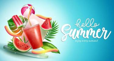 Summer season vector design. Hello summer text with fruit drink, watermelon and leaves refreshing elements for tropical season fresh nature coolers. Vector illustration.