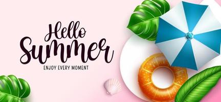 Hello summer vector background design. Hello summer greeting text in minimalist color space with tropical leaves and umbrella for photography decoration. Vector illustration.