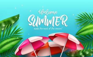 Summer vector background design. Welcome summer typography text in jungle with plant leaves and umbrella elements for tropical season relax outdoor nature. Vector illustration.