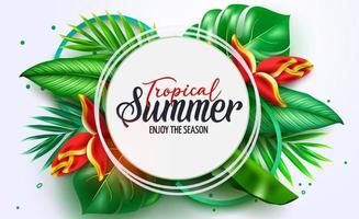 Summer vector template design. Tropical summer text in white circle space with plant leaves foliage of monstera, heliconia and palm for holiday greeting messages. Vector illustration.