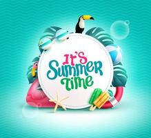 Summer time vector template design. It's summer time text with 3d tropical season elements of leaves, popsicle and floaters in blue pattern background for relax tropical season. Vector illustration.