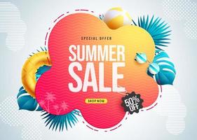 Summer sale vector banner design. Summer sale special offer text in foliage template discount for seasonal shopping promotion ads. Vector illustration.