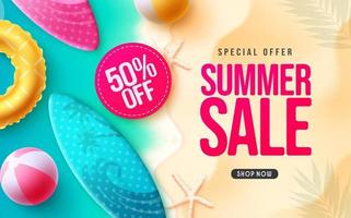 Summer sale vector banner design. Summer sale special offer text in beach background with discount for seasonal shopping promotion ads.