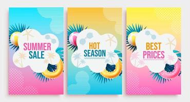 Summer sale vector poster set. Summer sale text with best prices discount offer in foliage design for hot season tropical promotion advertisement. Vector illustration.