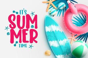 Summer time vector background design. It's summer time text with flamingo floater, surfboard and leaves tropical element for holiday season decoration. Vector illustration.