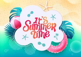 Summer beach vector template design. It's summer time text in white foliage space with leaves and seashore tropical elements for holiday season messages. Vector illustration.