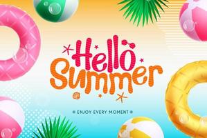 Summer vector background design. Hello summer text in colorful gradient background with floaters, beach ball and leaves elements for sunny tropical season. Vector illustration.