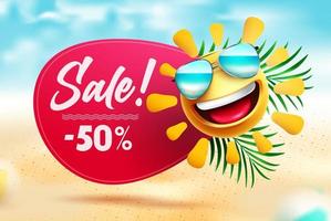 Summer sale vector banner design. Sale text and emoji in beach background with summer discount offer for seasonal travel and shopping ads. Vector illustration.