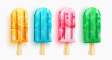 Popsicles vector set design. Popsicle desserts with orange, strawberry and sweet flavors isolated in white background for 3d realistic collection. Vector illustration.