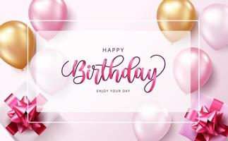 Happy birthday vector banner template. Happy birthday text in frame empty space with balloons and gifts element for cute birth day celebration greeting card design. Vector illustration