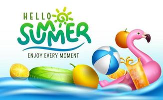 Summer holiday vector background design. Hello summer typography text in water float with floaters inflatable objects for relax tropical season swimming activity. Vector illustration.