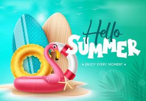 Summer vector background design. Hello summer text with flamingo floaters and surfboard beach elements in sand island. Vector illustration.