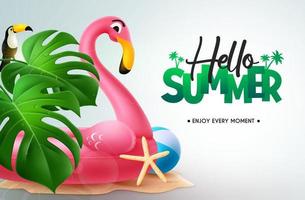 Summer vector background design. Hello summer text with flamingo floaters in sand island outdoor design. Vector illustration.