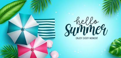 Hello summer vector background design. Hello summer greeting text in blue water pattern with leaves and umbrella tropical elements for relaxing holiday vacation. Vector illustration.
