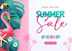 diseño de banner vectorial de venta de verano. promoción de descuento de texto de venta de verano en plantilla blanca con elemento flamingo y hojas para anuncios de compras de temporada. vector