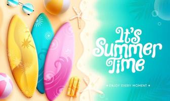 Summer holiday vector design. It's summer time text in beach seashore with surfboard and beach ball elements for fun and enjoy outdoor vacation. Vector illustration.