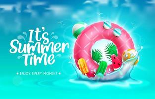 Summer time vector background design. It's summer time text in blue sky and sea water with floater element floating in splash for refreshing tropical season. Vector illustration.