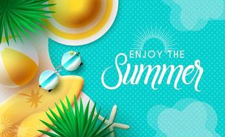Summer vector background design. Enjoy the summer text in blue pattern with hat, beachball and surfboard elements for tropical season holiday. Vector illustration.