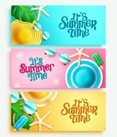 Summer time vector banner set. It's summer time text with leaves, popsicle and hat tropical season elements for sunny holiday collection design. Vector illustration.