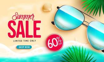 Summer sale vector banner design. Summer sale text in beach sand background with limited time discount offer for seasonal promotion ads. Vector illustration.