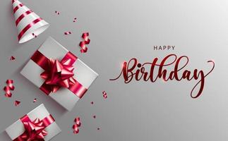 Happy birthday vector banner template. Happy birthday greeting text with gifts, party hat and confetti elements in white background for birth day celebration design. Vector illustration