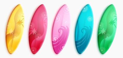 Summer surfboard vector set design. Surf boards element in colorful pattern designs for summer surfing, sports and recreation activity collection. Vector illustration.