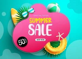 Summer sale vector banner design. Summer sale text in special price discount with tropical elements promotion for seasonal shopping and travel ads. Vector illustration.