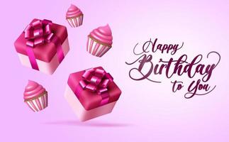 Happy birthday vector banner template. Happy birthday text in pink background with cute birth day gifts and cupcakes 3d elements for celebration greeting card design. Vector illustration