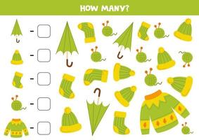 Counting game with cute green clothes. Math worksheet.