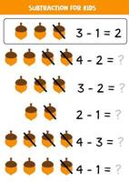 Subtraction with autumn acorn. Educational math game for kids. vector