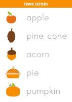 Tracing names of cute autumn elements. Writing practice. vector