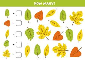 Counting game with cute autumn leaves. Math worksheet.