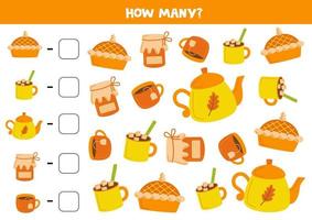 Counting game with cute autumn items. Math worksheet. vector