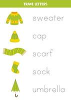 Tracing names of green warm clothes. Writing practice. vector